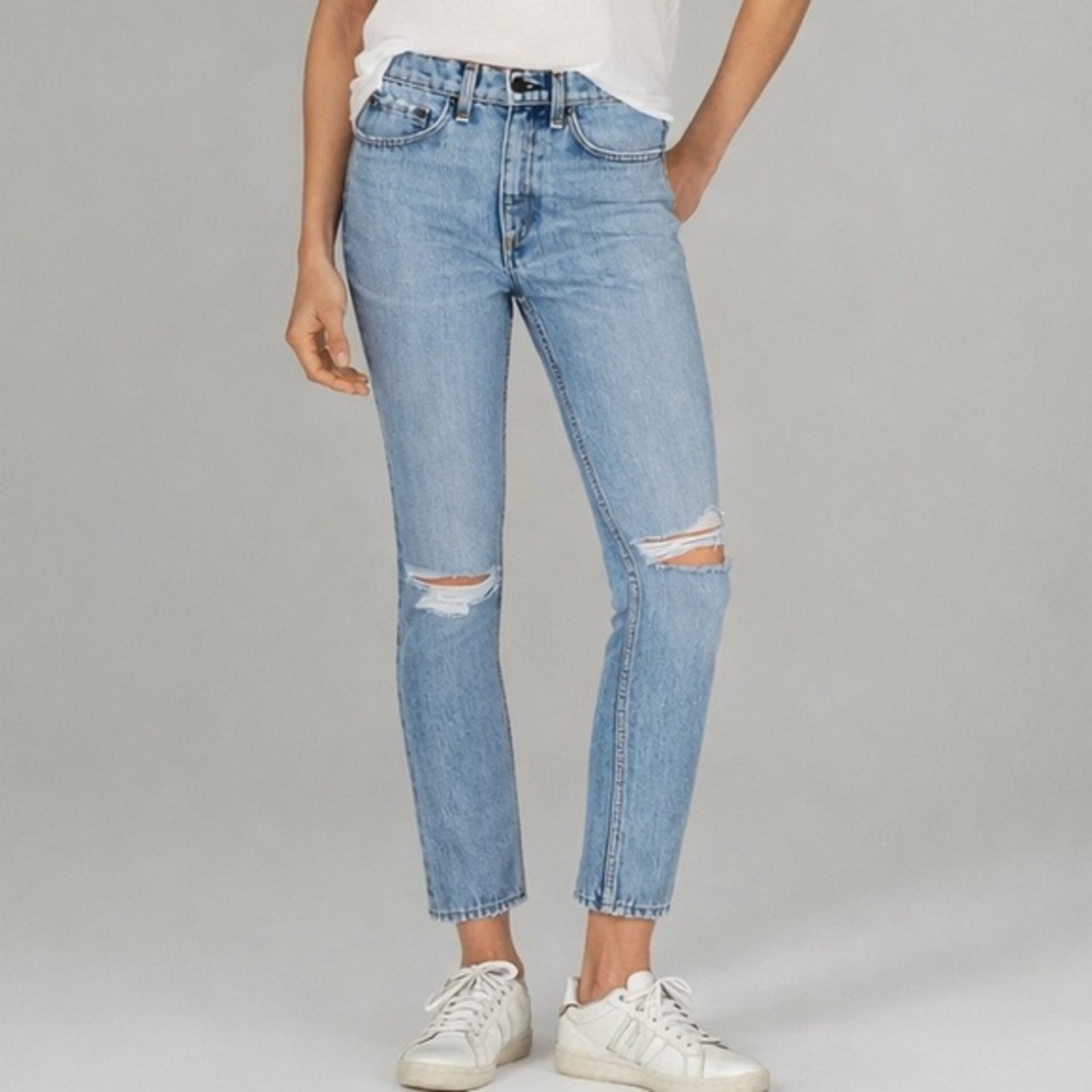 ASKK NY Light Wash Skinny‎ Jeans Women 24 Cropped Distressed Knee Designer Denim